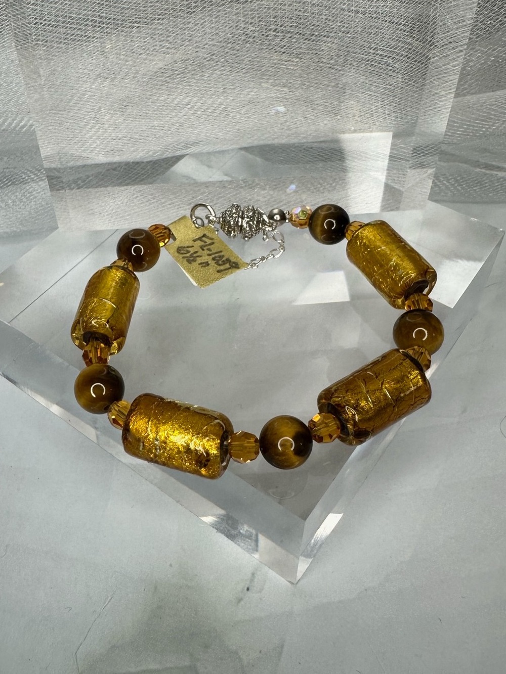 Artisan Murano Glass & Genuine Tiger's Eye Bracelet Swarovski Crystals (FL1039)